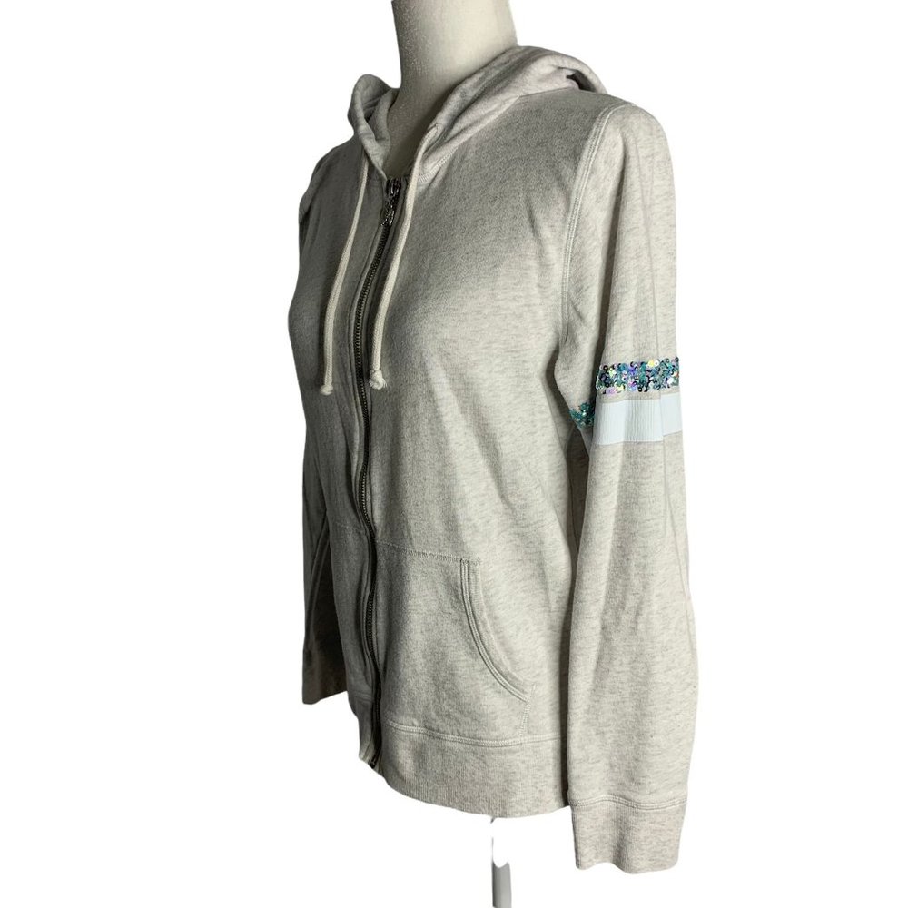 Victoria's Secret Full Zip Hooded Sweatshirt M Grey Sequins Pockets Long Sleeve - Picture 6 of 8